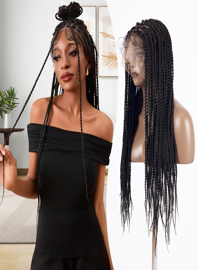 Hdlsina 33.8in Long Dreadlock Extensions Cornrow Braided Wig for Black Women, Natural Glueless Lace Front Synthetic Faux Locs Curly Crochet Braiding Human Hair ﻿Knotless Braided Wigs (Fine Braid) - Image 1